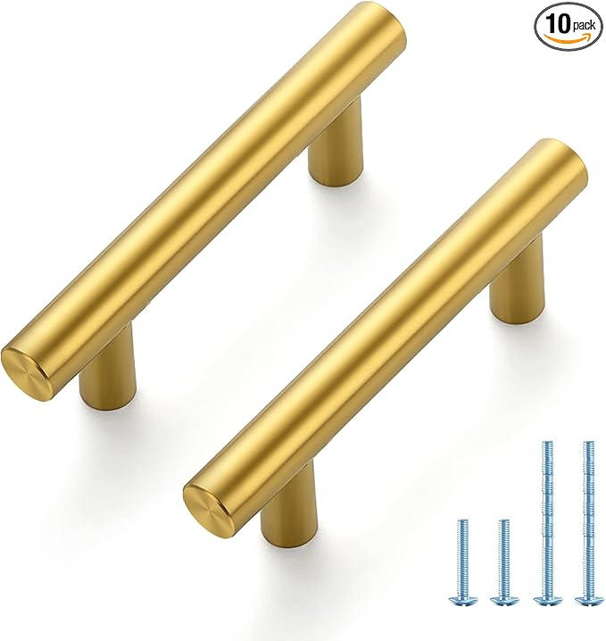 JOY DECOR 10 Pack 4 Inch Cabinet Pulls Kitchen Cabinet Handles with 2-1/2 Inch Hole Center Brushed Brass Cabinet Hardware Stainless Steel Kitchen Drawer Pulls for Cabinets Cupboard, 64mm Hole Centers