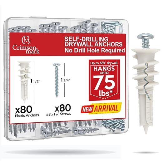 160Pcs Self Drilling Drywall Anchors and Screws kit #8 x 1-1/4?? Superb Wall Anchors for Drywall, Holds Upto 75lbs ??No Drill Hole Required with These Dry Wall Screws and Anchors