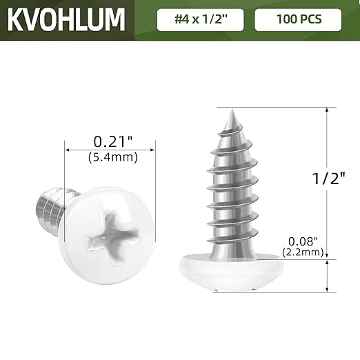 100 PCS #4 x 1/2" White Head Sheet Metal Screws, Pan Head Phillips Fast Self Tapping Screws, Round Head Wood Screws, Screwdriver Bit Included
