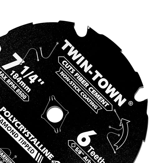 TWIN-TOWN 7-1/4 Inch 6 Tooth Polycrystalline Diamond Tipped (PCD) Hardie Fiber Cement Saw Blade with 5/8 Inch Arbor