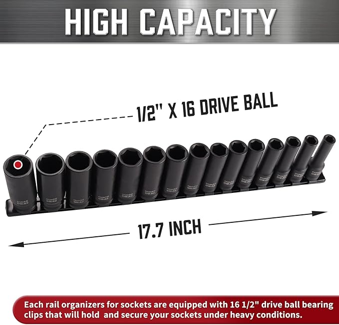 ALOANES 1/2-Inch Drive Aluminum Alloy Socket Organizer, Heavy Duty Socket Racks, Socket Holder Kit for Toolbox Drawer Fit 1/2-Inch x 16 Clips (Black)