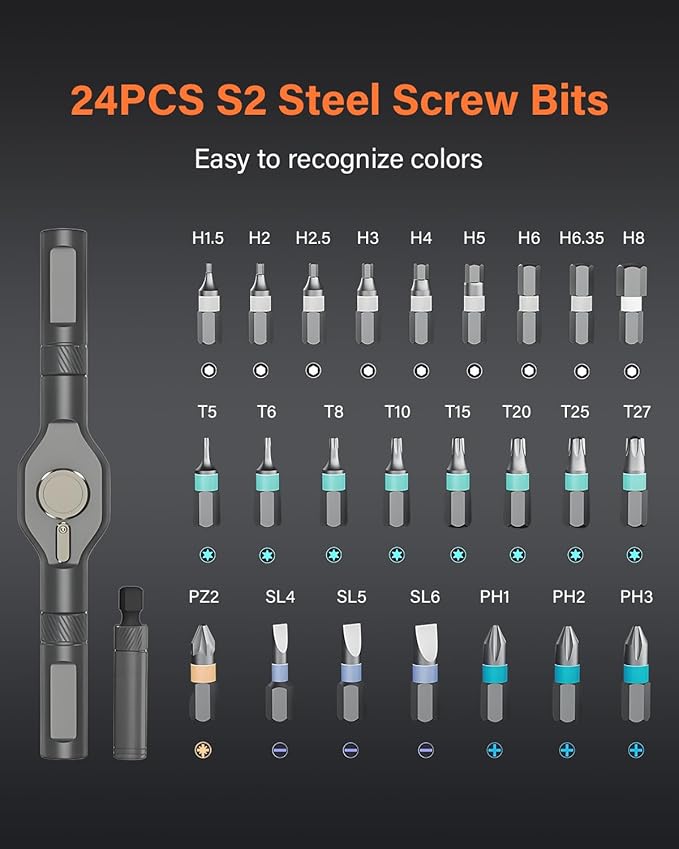 24 in 1 Magnetic Ratchet Screwdriver Set, DIY Mini Screwdriver Set, Multi Bit Magnetic Drive Set with Detachable Ratchet Handle, Portable Repair Tool Kit for Furniture Computer Bicycle