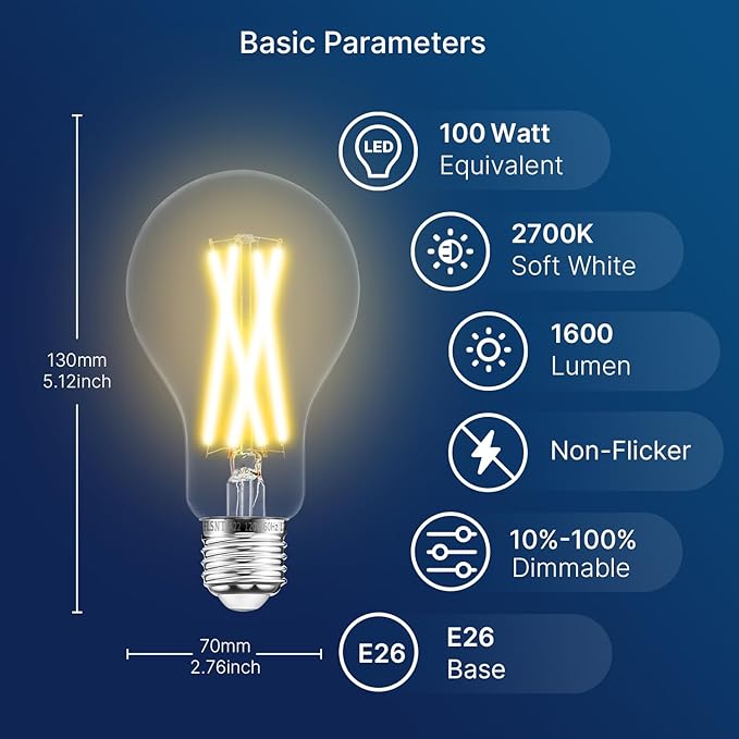 FLSNT 100W Equivalent LED Edison Bulbs, 12W Dimmable A21 LED Light Bulbs, 1600LM, 2700K Soft White, CRI90, E26 Base, 8 Pack