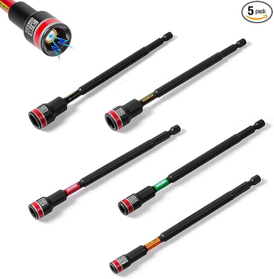 Impact Nut Driver Set, 5 Pieces 6?쒵ong 1/4??/16??/8??/16??/2?? Point Alloy Steel Magnetic SAE Nut Setter Set Use For Require Installing 1/4 Hex Shank Impact Driver with Case Box