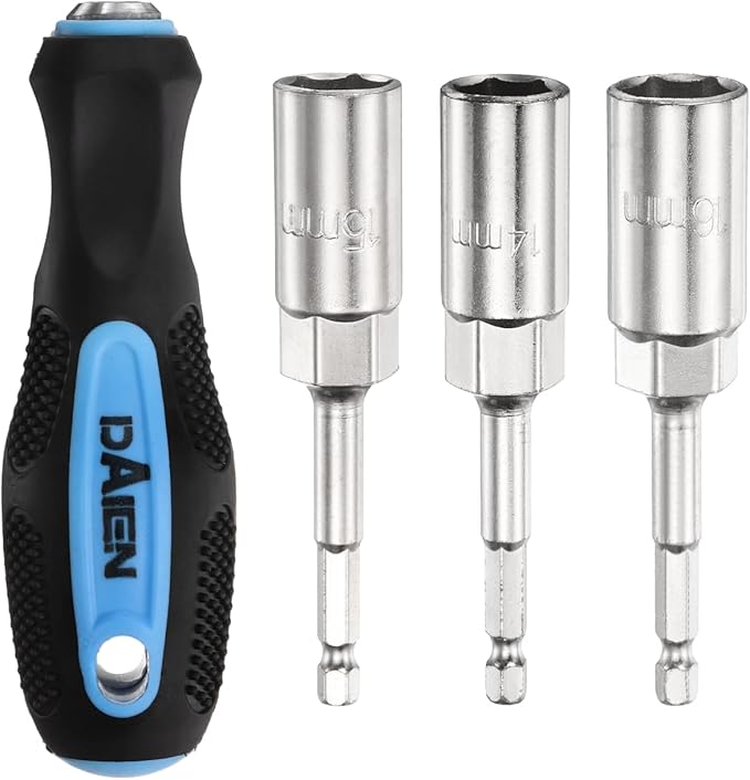 HARFINGTON Metric Nut Driver 14mm/15mm/16mm CR-V Non-Magnetic Detachable Tip Hollow Shafts Hex Socket Screwdriver with Anti-Slip Handle for Automobile Repair Bit Driver, Blue/Black
