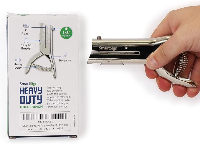 SmartSign Single Hole Heavy Duty Hand Held Hole Punch - 1/8 inch (3 mm) Hole Punch, 2 inch reach, for Id card, PVC Card, Badge, foil, 5" Tall, Silver
