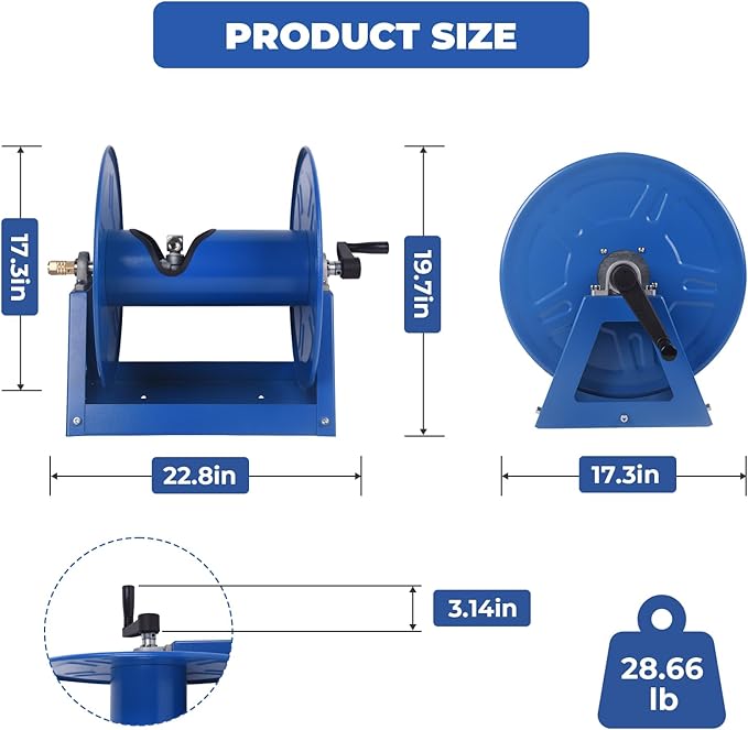 4000 PSI Hand Crank Steel Air Hose Reel, Holds 1/2" x 225' Hose, Fits Air Compressor, Pressure Washer (Hose Not Included)