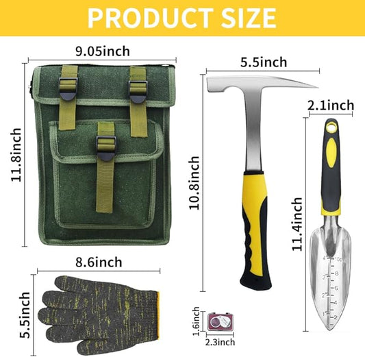 14 PCS Geology Rock Pick Hammer Kit, Gold Mining & Prospecting Equipment Tool, Musette Bag, 22oz Hammer & Digging Chisels, Shovel, Magnifying Glass, Whistle, Goggles