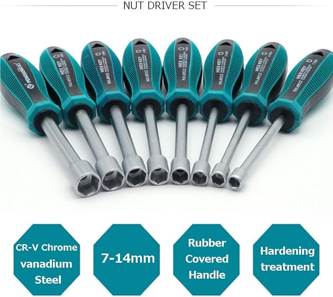 8Pcs Hex Nut Driver Set, 7mm-14mm Chrome Vanadium Alloy Steel Deep Hole Socket Wrench Screwdriver with Non-Slip Handle Screw Fastening Tool, with PE Bag Packaging