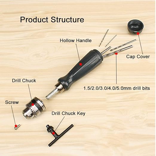 Hand Drill Bits Set 7 in 1 Manual Tool Pin Vises with Chuck Key & 5pcs Twist Drill Bits for Wood, Jewelry, Delicate Manual Work, Electronic Assembling and Model Making, DIY Drilling