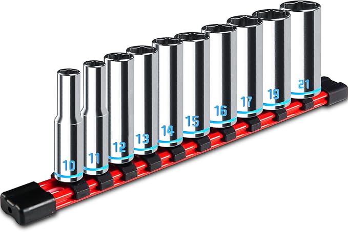 3/8-Inch Drive Deep Socket Set, 10PCS Metric (10-21mm), 6-Point Design,Blue Embossed and Painted Marking, Mirror Chrome Finish,Cr-V Steel With Rail