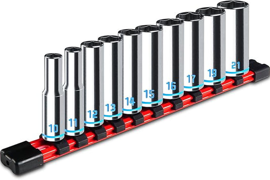 3/8-Inch Drive Deep Socket Set, 10PCS Metric (10-21mm), 6-Point Design,Blue Embossed and Painted Marking, Mirror Chrome Finish,Cr-V Steel With Rail