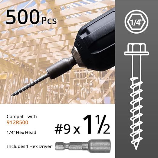 #9 x 1-1/2" Connector Screws Heavy-Duty Joist Hanger Screws, 1/4" Hex Head with 0.37"-Dia, Prem-Galvanized Resists Wear and Corrosion-Resistant, Replace 9112R500 and 10D Nail, 300-Qty