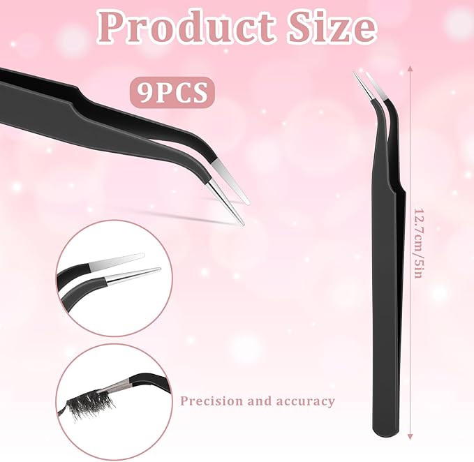 9 Pieces Craft Tweezers, Stainless Steel Curved Pointed Precision Tweezer Anti-Static Pointed Sticker Tweezers Fine Crafting Tweezer for Electronics, Soldering, Jewelry Making (Black)