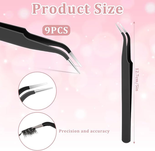 9 Pieces Craft Tweezers, Stainless Steel Curved Pointed Precision Tweezer Anti-Static Pointed Sticker Tweezers Fine Crafting Tweezer for Electronics, Soldering, Jewelry Making (Black)