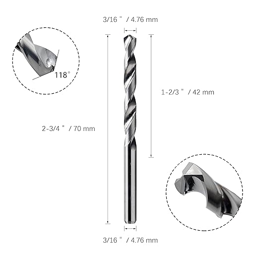 Solid Carbide Jobber Drill Bits 3/16" with Straight Shank and 118째 Point Angle, Made from K20 Tungsten Carbide,Applications: for Stainless Steel Alloy Metal, 2pcs, by LU&MN