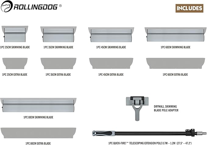 ROLLINGDOG Drywall Skimming Blade Set - Include Extension Pole and Transport Case,13PC Easy Carry Handle and 5 Extra Skimming blades