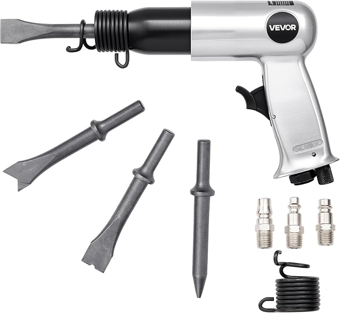 VEVOR Air Hammer, 3500BPM Pneumatic Hammer with 2.76 inch Stroke & 4PCS Chisels Round Shank, Pistol-Grip Compact Air Chisel Pneumatic Shovel Tool for Cutting Punching Scraping