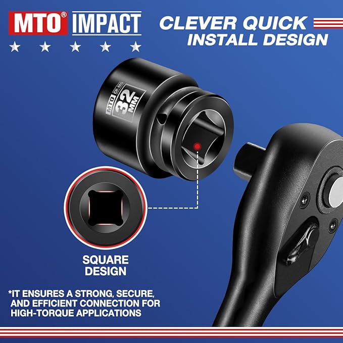 MTO 1/2" Drive 32mm Shallow Impact Socket, 6-Point Metric Socket, CR-MO Steel & Anti-Corrosion Coating for Tight Spaces and Heavy-Duty Tasks