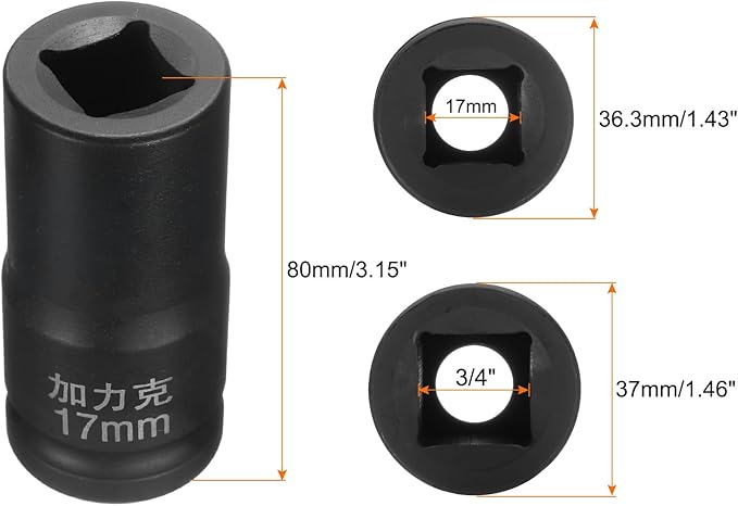 HARFINGTON 4 Point Square Socket 3/4" Drive by 17mm Metric Square Impact Socket 40CR Blackening Standard Wheel Sockets Pneumatic Socket Tool for Auto Repair Mechanical Maintenance Home Use