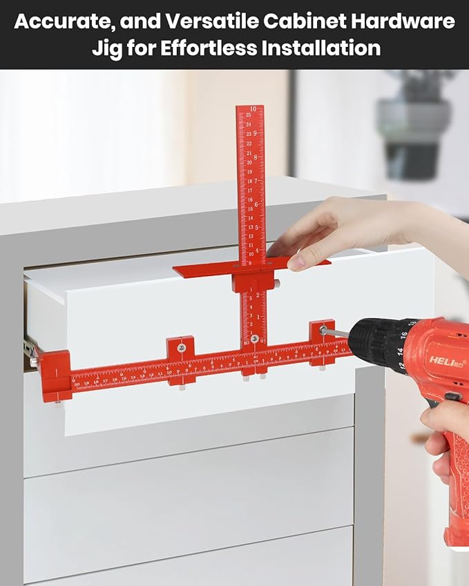 New Cabinet Hardware Jig Tool Set - Aluminum Alloy Cabinet Handle Jig ??with Automatic Center Punch,Adjustable Drill Guide Cabinet Handle Template Tool of Door Drawer Front Handles and Pulls - Red