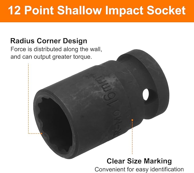 uxcell 1/2" Drive x 16mm Shallow Impact Socket 12-Point Metric CR-MO Steel Nut Impact Grade Socket for Auto Repair