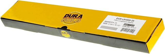 Dura-Gold Premium 1000 Grit Gold Pre-Cut PSA Longboard Sandpaper Sheets, Box of 20, 2-3/4" x 16-1/2" Self-Adhesive Stickyback Sandpaper for Automotive, Woodworking Air File Sander, Hand Sanding Block