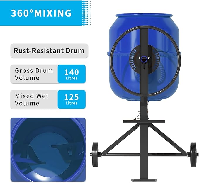 5.5 Cu.Ft. Concrete Mixer, Heavy Duty Portable Concrete Mixer with Wheel & Stand, Electric Cement Mixer Machine with 140L Drum, 120V Motor for Concrete, Mortar,Seeds, and Feed,Blue.