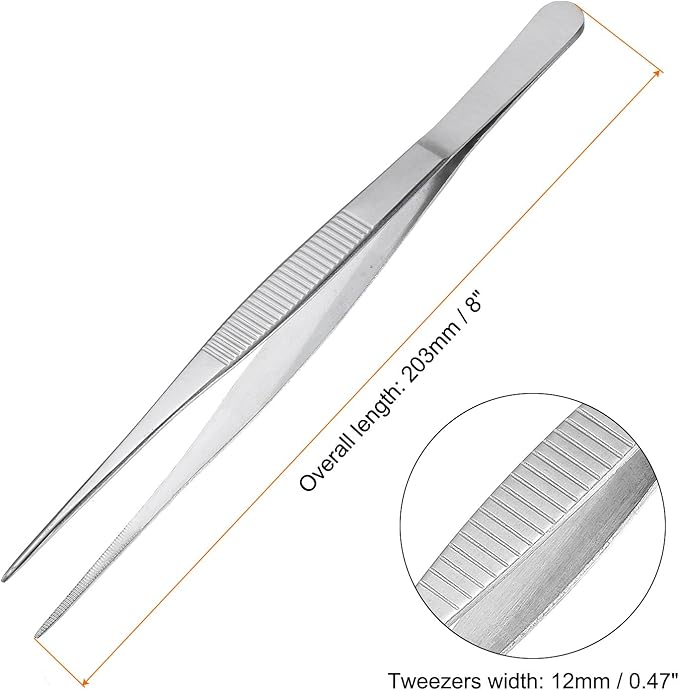 uxcell Stainless Steel Tweezers 8-Inch Straight Serrated Tip Stainless Steel Multipurpose Sewing Tweezer Silver 10 Pcs