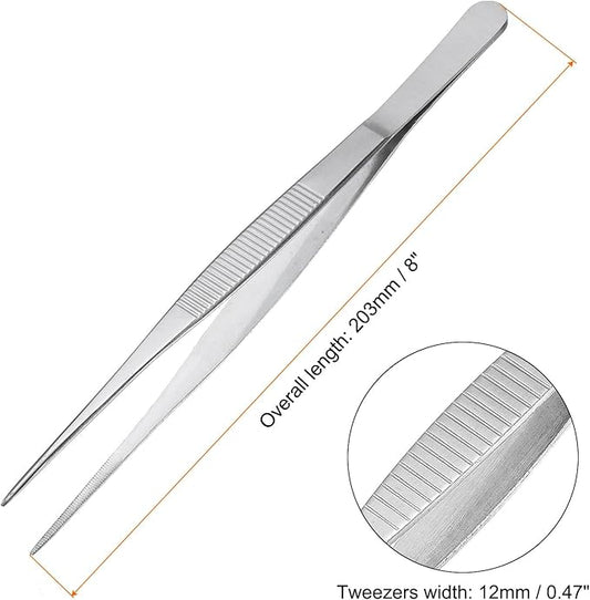uxcell Stainless Steel Tweezers 8-Inch Straight Serrated Tip Stainless Steel Multipurpose Sewing Tweezer Silver 10 Pcs