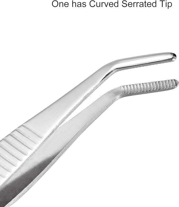 5 Inch Stainless Steel Tweezers with Straight and Curved Serrated Tip Multipurpose Forceps for Craft Repairing 2 Pack