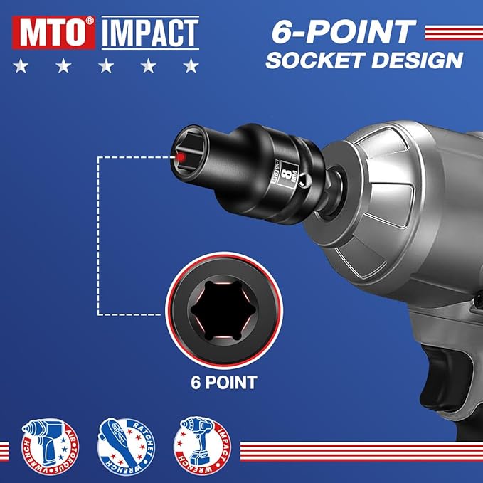 MTO 1/2" Drive 8mm Shallow Impact Socket, 6-Point Metric Socket for Automotive Maintaince, CR-V Steel Meets ANSI Standards