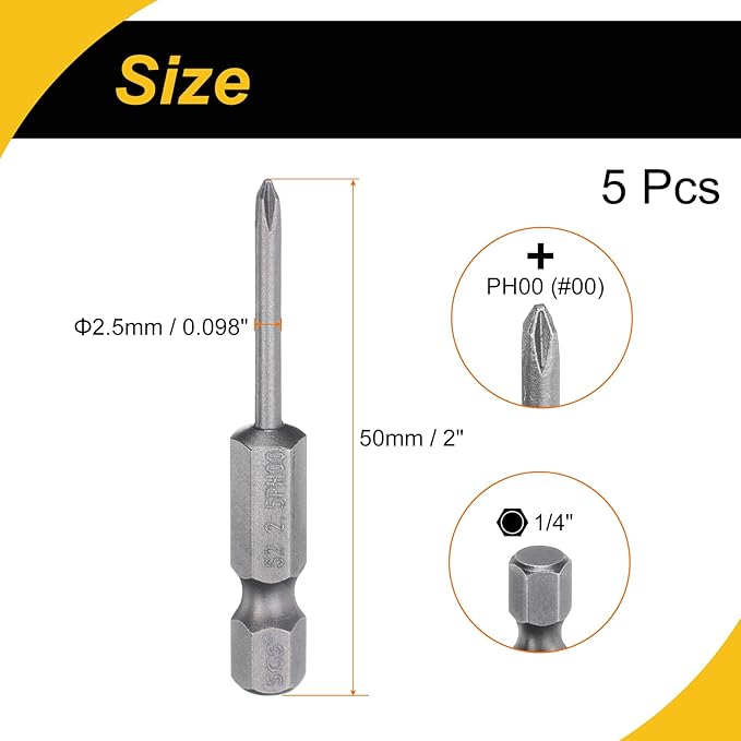 5 Pcs Magnetic Phillips Screwdriver Bit PH00 1/4" Hex Shank 50mm Long 2.5mm Rod
