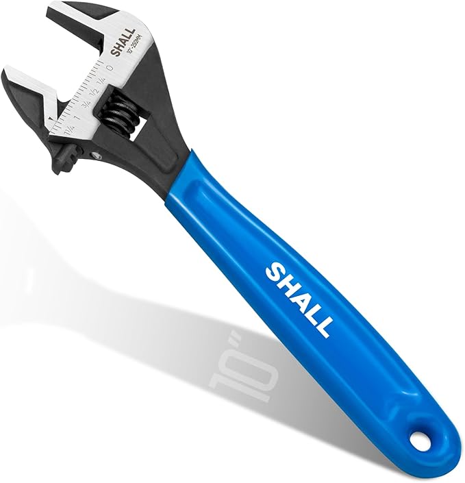 SHALL 10 Inch Adjustable Wrench, Cr-V Steel Spanner with Cushion Grip, Wide Jaw Black Oxide Wrench with Laser-etched SAE Scales for Home, Garage, Workshop and DIY