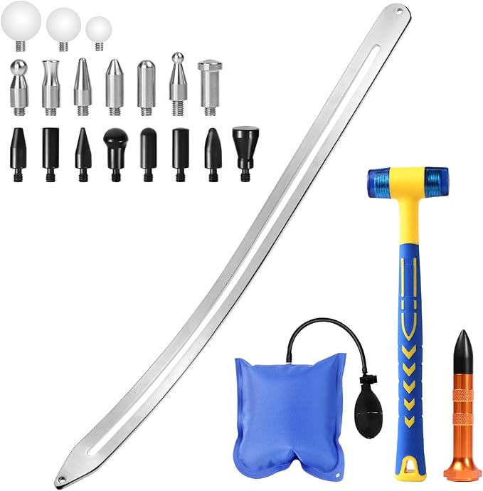 LadyRosian Paintless Dent Repair Tools Car Dent Removal Rods Kit Big Curved Rod Crowbar with Repair Hammer Tap Down Tool for Auto Body Hail Damage Repair