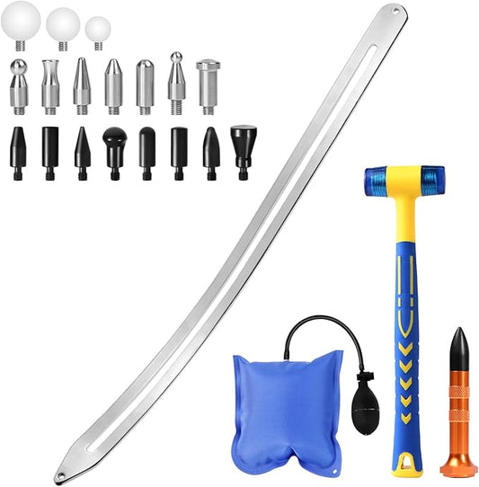 LadyRosian Paintless Dent Repair Tools Car Dent Removal Rods Kit Big Curved Rod Crowbar with Repair Hammer Tap Down Tool for Auto Body Hail Damage Repair