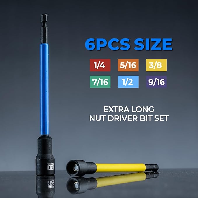 toolant Extra Long Nut Driver Bit Set, 6PCS SAE/Metric Magnetic Nut Driver Set 1/4''~9/16'' Nut Driver, 1/4'' Quick Change
