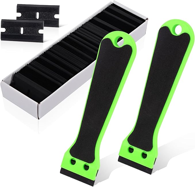 EHDIS 2pcs Plastic Razor Scraper 6-inch Long Handle Adhesive Remover Tool with 100 Double-Edge Blades for Window Tint Vinyl Scraper Decal Sticker Glue Remove (?똍eon-Green)