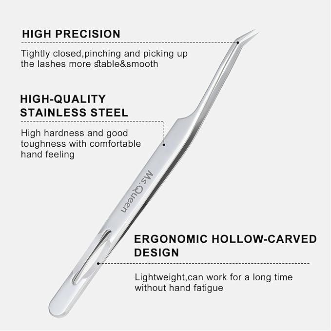 Ms.Queen Lash Tweezers for Eyelash Extensions,Professional Fine Tip 45 Degree Lash Tweezers for Volume Lash Extensions