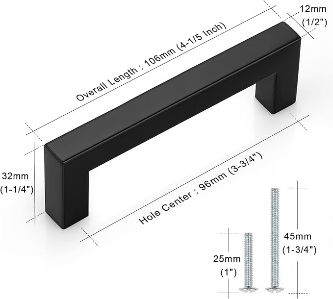Probrico (10 Pack Square Kitchen Cabinet Handles Matte Black 3-3/4 Inch(96mm) Hole Center Drawer Pulls Stainless Steel Modern Cabinet Hardware