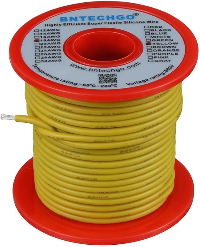 BNTECHGO 18 Gauge Silicone Wire Spool 50 ft Yellow Flexible 18 AWG Stranded Tinned Copper Wire