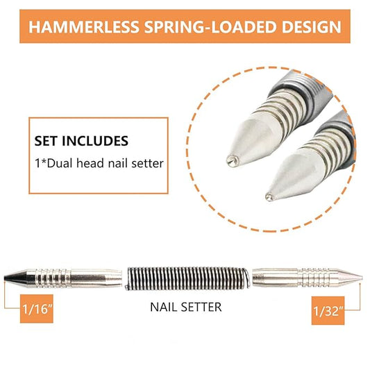 Dual Head Nail Setter, Hammerless 1/32?? 1/16??Spring Nail Set, 3500 PSI Striking Force Counter Punch