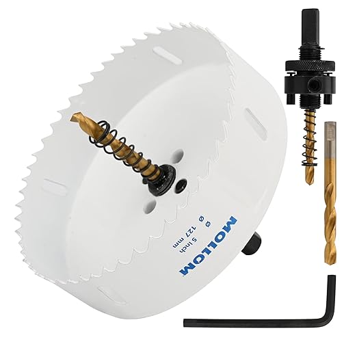Mollom (127mm | 5") HSS M42 with 8% Cobalt BI-Metal Hole Saw with 2 Pilot Drill Bits & Arbor Smooth Cutting for PVC,Drywall,Wood,Plastic,Gypsum Board,Rubber