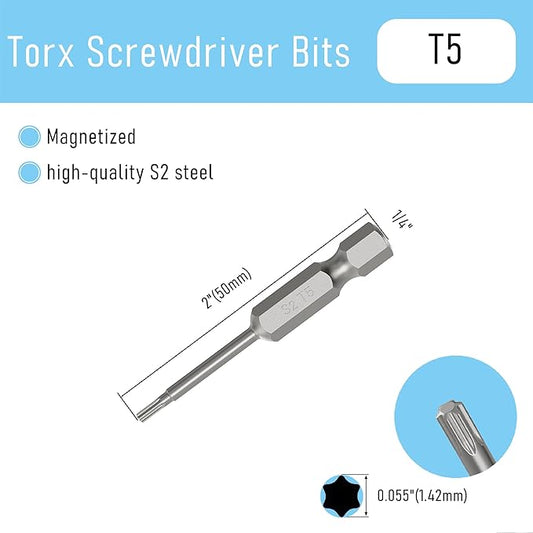 5PCS T5 Magnetic Torx Screwdriver Bits, 1/4 Inch Hex Shank 2 Inch Length S2 Steel Drill Torx Head Drill Screw Driver Tools(50mm Long, Star 6 Point)