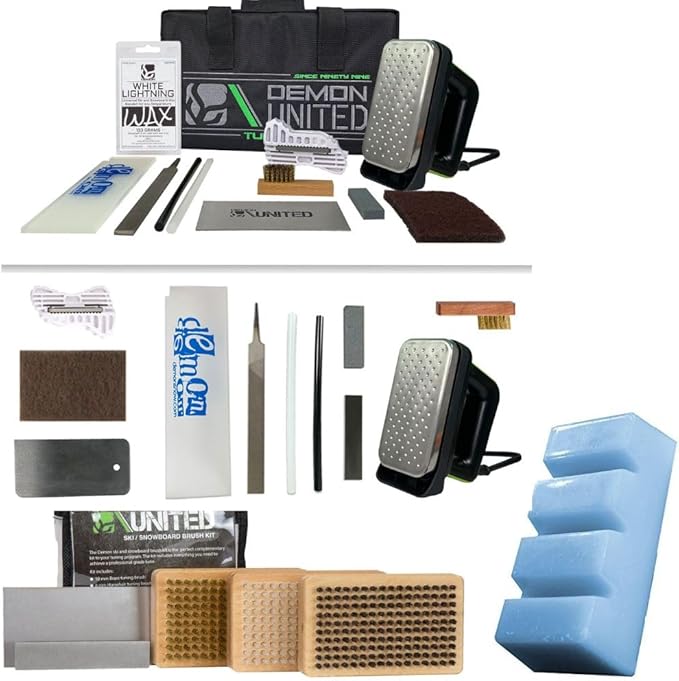Demon Complete Basic Tune Kit with Wax- Everything Needed to do a Basic Tune and Wax for Your Skis and Snowboard - Includes 1 LB Hyper Ski and Snowboard Wax and 3 piece Brush Kit