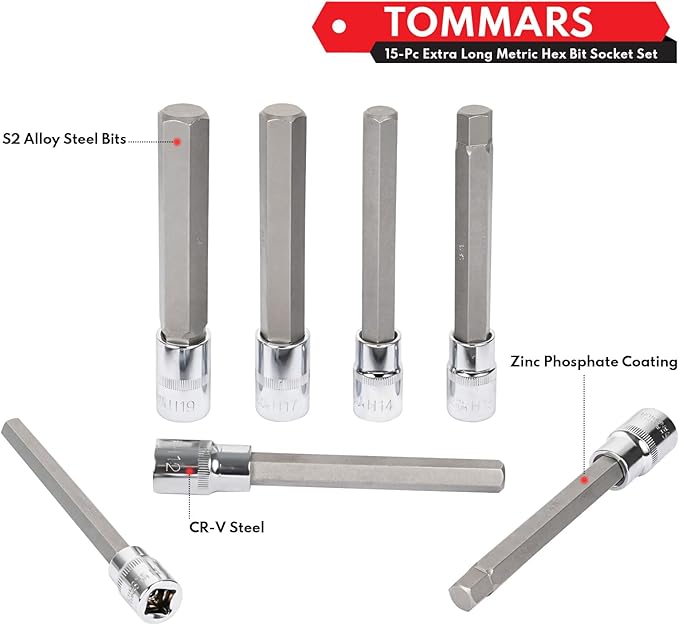TOMMARS 15-PC Metric Long Hex Bit Socket Set, Extra Long Socket Set S2 Alloy Steel 3/8", 1/2" Drive, H2 - H19.