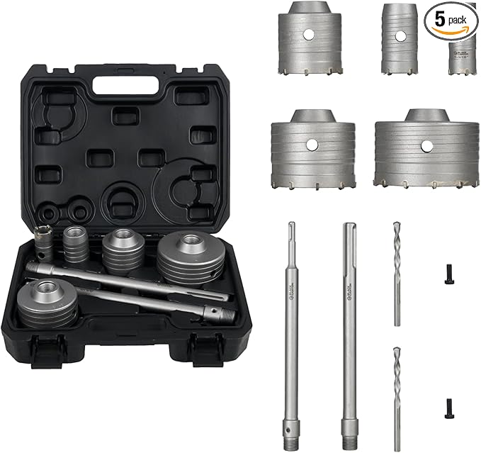 BLACK CANYON 9PCS Concrete Hole Saw Kit ??Masonry Hole Saws 30/40/65/80/100mm with 2 Drill Bits, SDS Plus & Max Shanks, Heavy-Duty Hole Saw Set for Concrete, Cement, Brick & Stone Wall Drilling