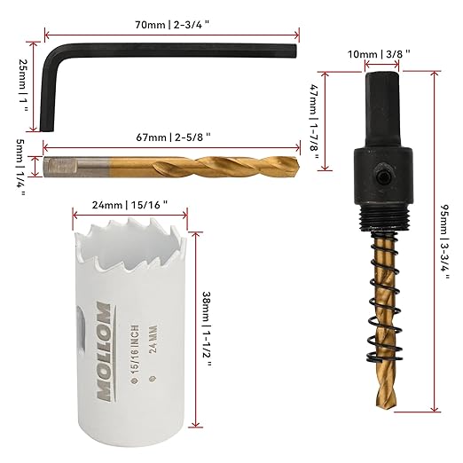 Mollom (24mm | 15/16") HSS M42 with 8% Cobalt BI-Metal Hole Saw with 2 Pilot Drill Bits & Arbor Smooth Cutting for PVC,Drywall,Wood,Plastic,Gypsum Board,Rubber