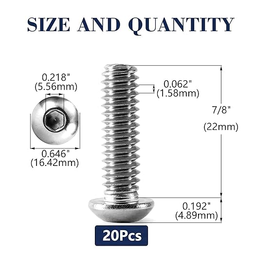 3/8-16 x 7/8" Button Head Socket Cap Bolts Screws, 20Pcs 304 Stainless Steel 18-8, Allen Hex Drive, Bright Finish by SG TZH(with Hex Spanner)