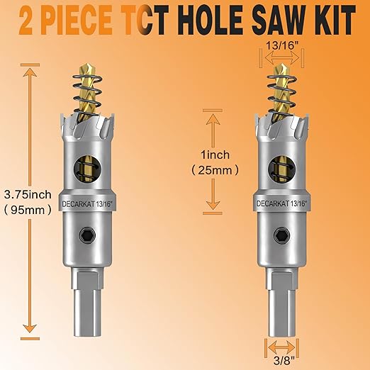 2-Pack 13/16" TCT Hole Saws for Hard Metal, Heavy Duty 21mm Tungsten Carbide Tipped Hole Cutters Set with Spring-Loaded Pilot Drill Bits for Stainless Steel, Metal, Iron, and Plastic.